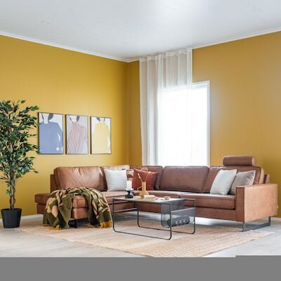 Macho avokulmasohva vasen konjakki Kentucky 9, mustat jalat