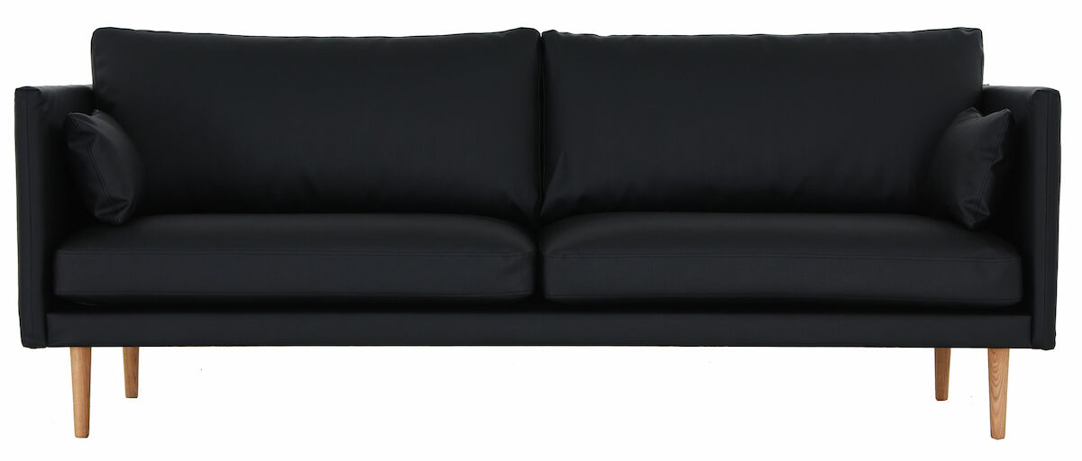 Kajo 3-istuttava sohva musta bonded-nahka, tammi jalat