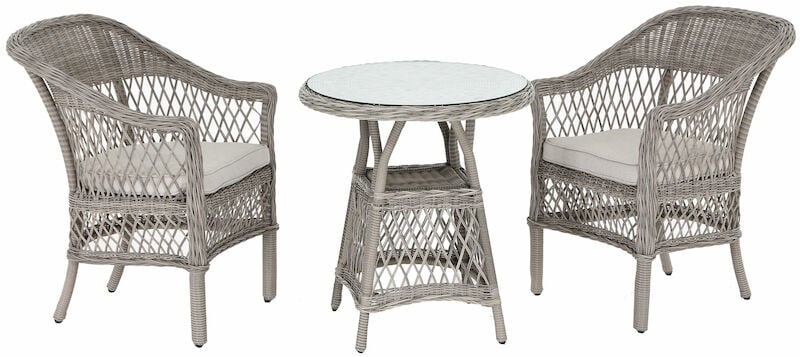 Vila Hven kahvipöytä ja tuolit hiekan värinen polyrottinki/alumiini