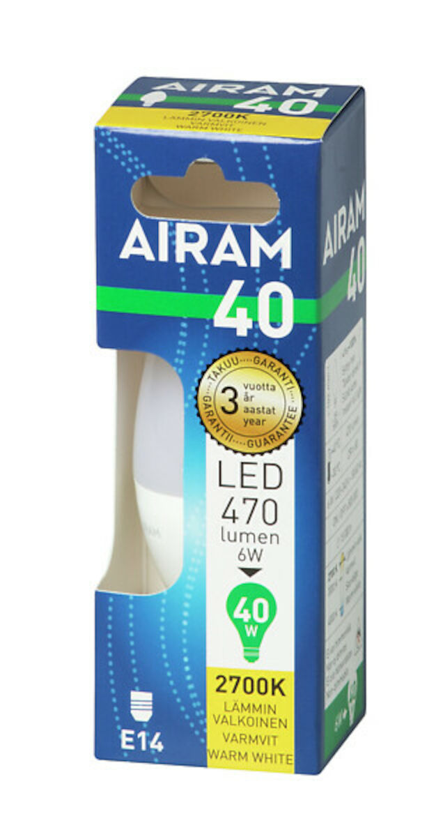 Airam Led-lamppu OP C35 6W/827 E14 BX pahvipakkauksessa