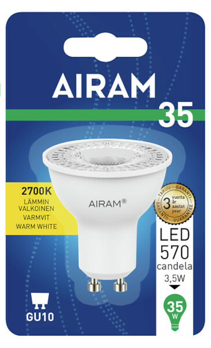 Airam Led-lamppu PAR16 827 250lm GU10 36D pahvipakkauksessa