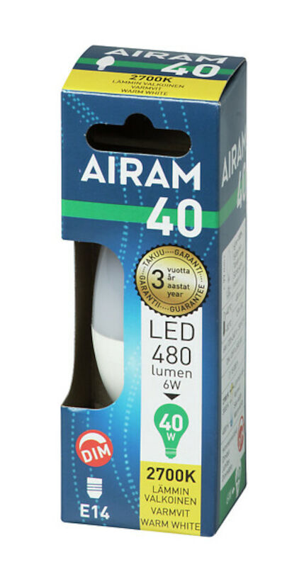 Airam Led-lamppu C35 827 470lm E14 DIM OP pahvipakkauksessa