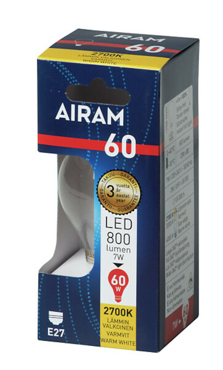 Airam Led-lamppu A60 827 806lm E27 FIL pahvipakkauksessa