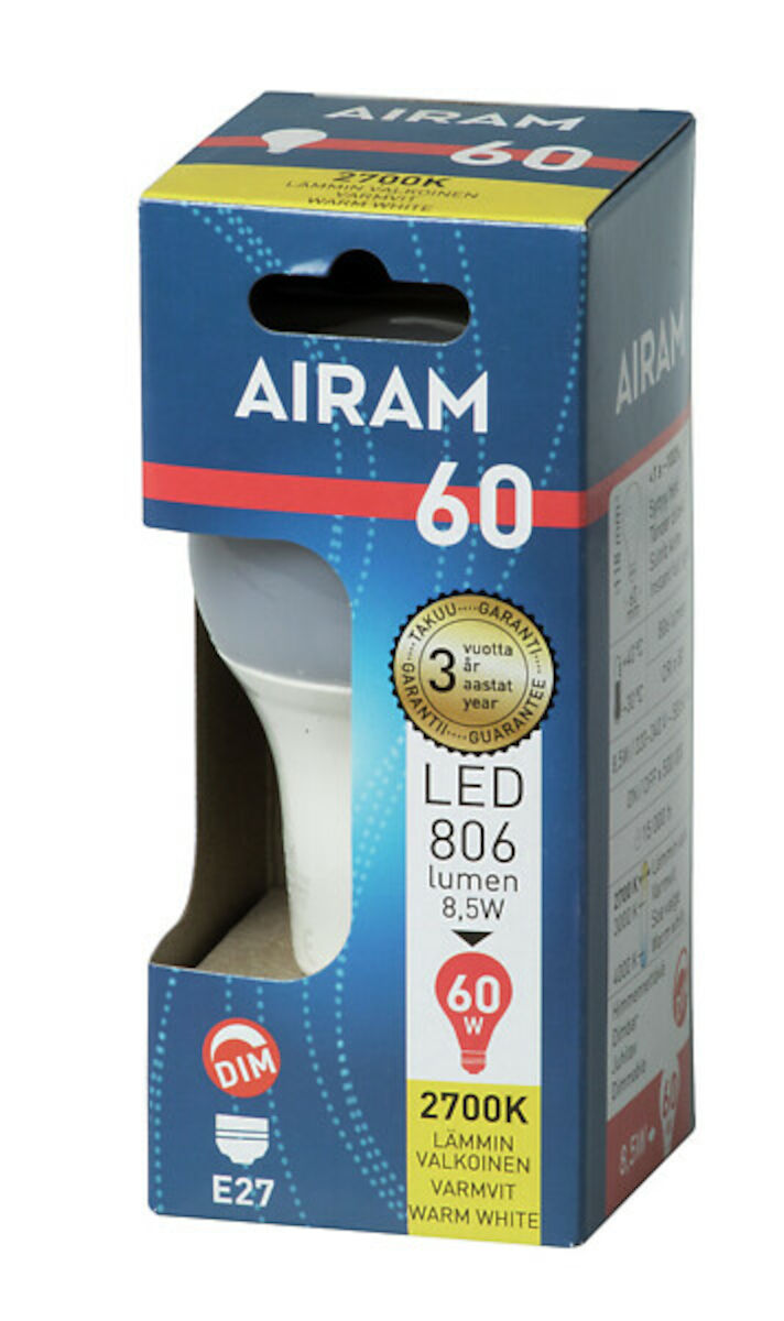 Airam Led-lamppu A60 827 806lm E27 DIM OP