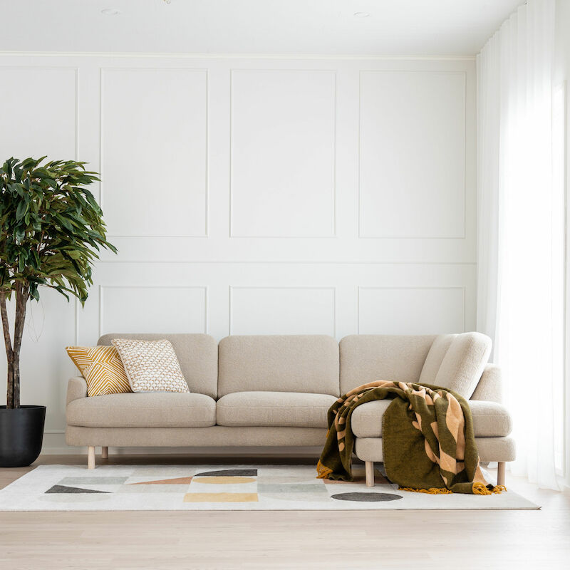 Jäkälä avokulmasohva oikea hiekka Himalaya 902, valkoöljytty tammi jalat