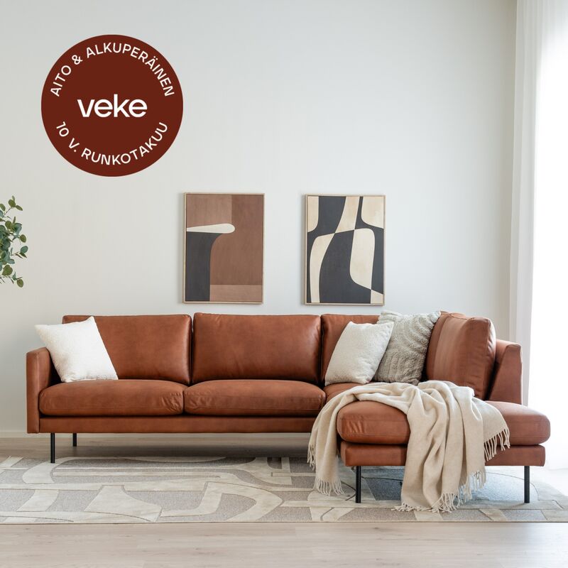 Scandic Copenhagen avokulmasohva oikea, konjakinruskea Kentucky 9, mustat jalat