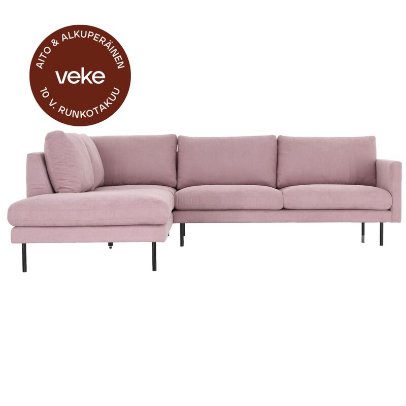 Scandic Copenhagen avokulmasohva vasen roosa Soro 61, mustat jalat