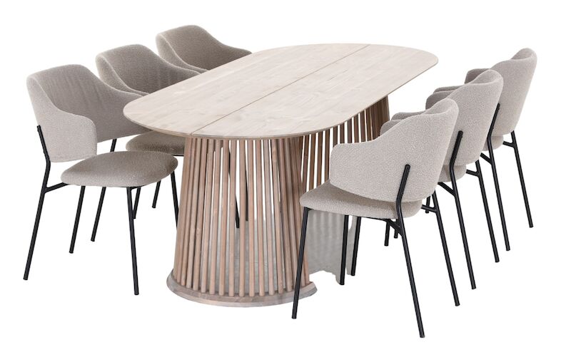 Suoma-Enzo 6-hengen ovaali ruokailuryhmä valkaistu antiikkipetsattu/beige