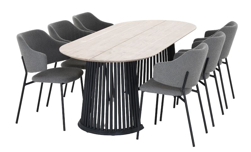 Suoma-Enzo 6-hengen ovaali ruokailuryhmä valkaistu antiikkipetsattu/musta/harmaa