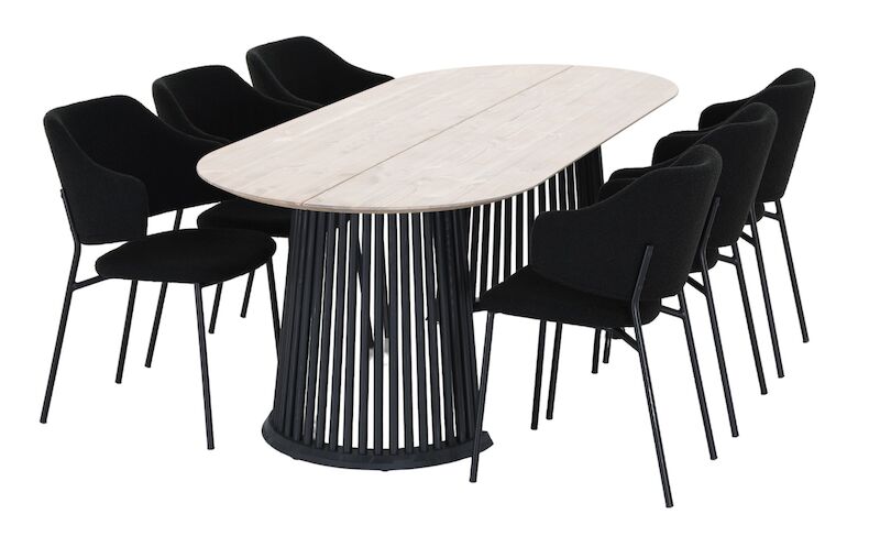 Suoma-Enzo 6-hengen ovaali ruokailuryhmä valkaistu antiikkipetsattu/musta/musta