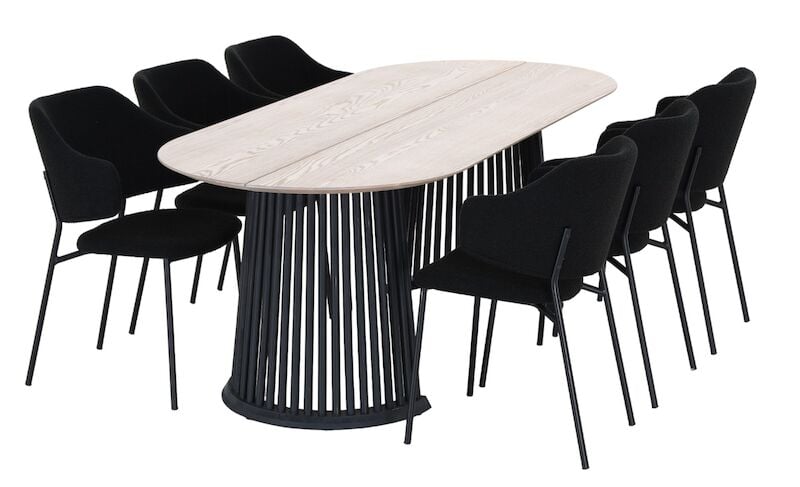 Suoma-Enzo saarni 6-hengen ovaali ruokailuryhmä valkolakattu/musta/musta