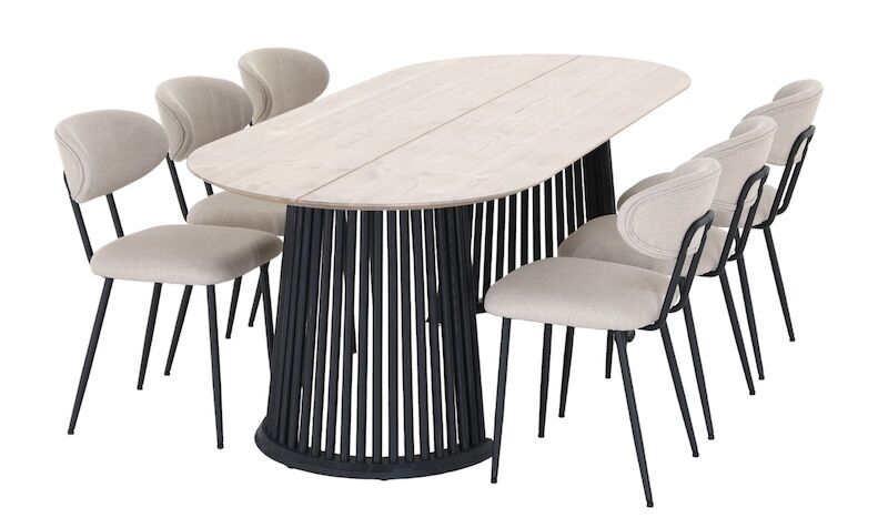 Suoma-Daniel 6-hengen ovaali ruokailuryhmä valkaistu antiikkipetsattu/musta/beig