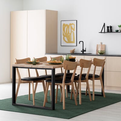Manner-Koto 6-hengen ruokailuryhmä lakattu tammi/musta, musta PU-verhoilu