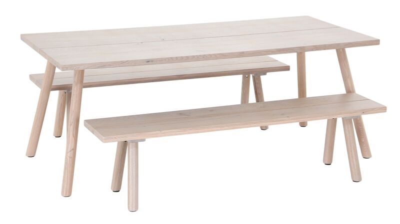 Veini tammi 6-hengen ruokailuryhmä penkeillä valkolakattu tammi