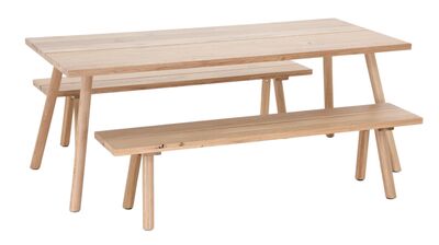 Veini tammi 6-hengen ruokailuryhmä penkeillä valkolakattu tammi