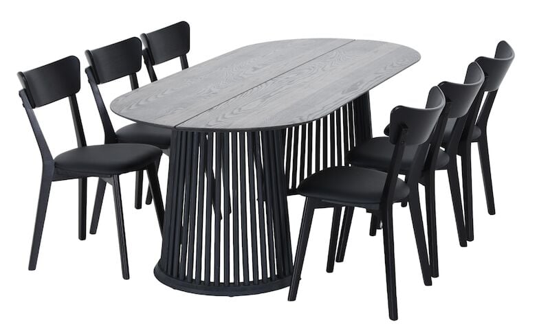 Suoma-Koto saarni 6-hengen ovaali ruokailuryhmä savunharmaa/musta, musta PU-kein