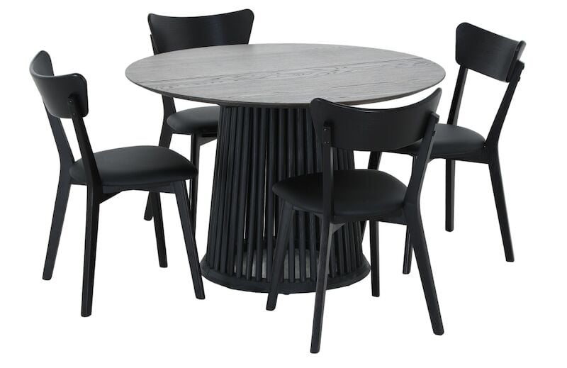 Suoma-Koto saarni 4-hengen pyöreä ruokailuryhmä savunharmaa/musta, musta PU-kein