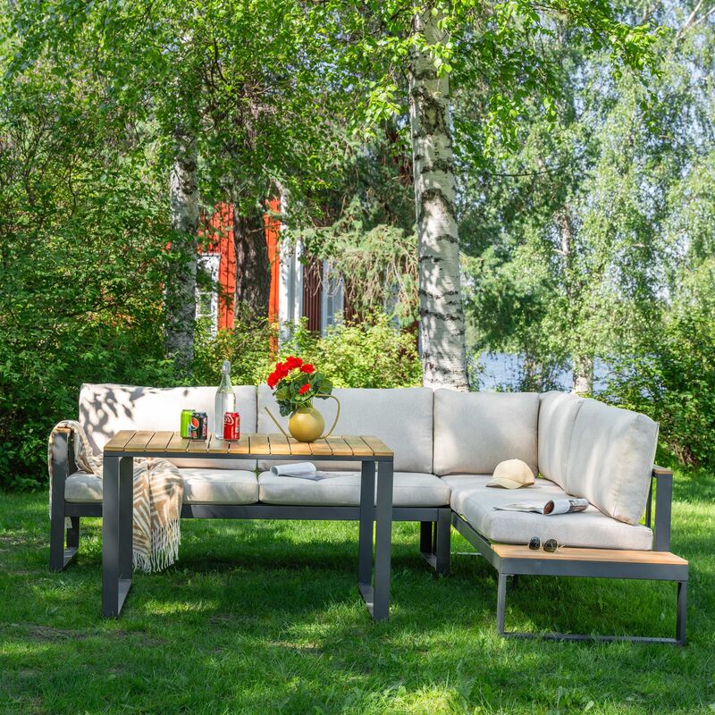 Aava avokulmasohva oikea ruokapöydällä antrasiitti, hiekka pehmusteet