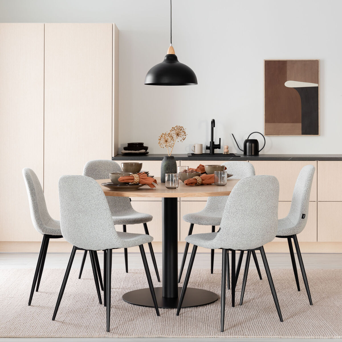 Trend-Furia 6-hengen pyöreä ruokailuryhmä valkotammi/musta, vaalea beige buklee