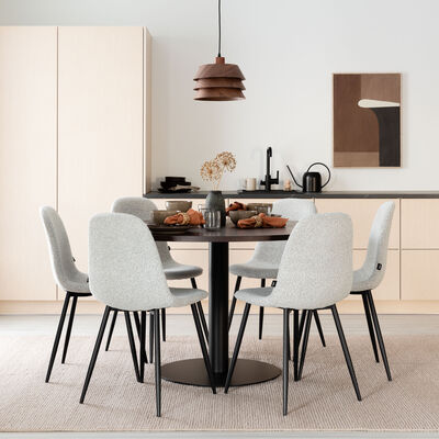 Trend-Furia 6-hengen pyöreä ruokailuryhmä valkotammi/musta, vaalea beige buklee