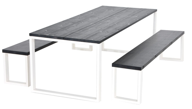 Honka 8-hengen ruokailuryhmä penkeillä musta/valkoinen metallijaloilla