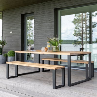 Ruska 6-hengen terassiruokailuryhmä penkeillä antiikkipetsattu/valkoinen