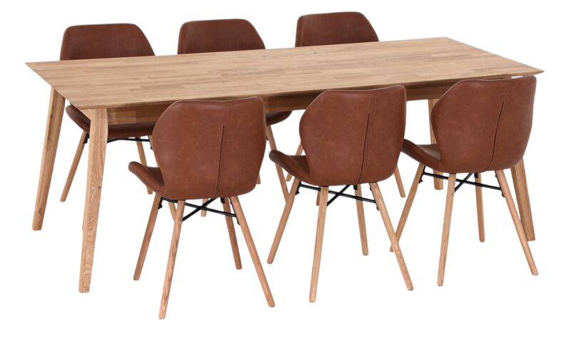 Koto-Keto 6-hengen ruokailuryhmä öljytty tammi/konjakki Retro 691B PU-keinonahka