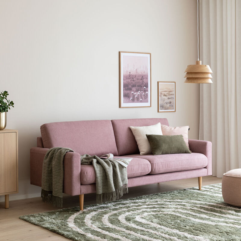 Kotoa 3-istuttava sohva, roosa 60 Merita, pyöreäkartio tammijalka