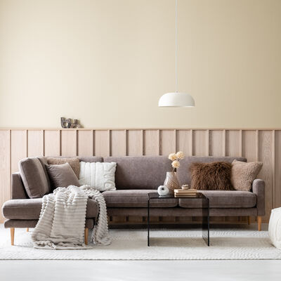 Kotoa avokulmasohva oikea, beige 11 Merita, pyöreäkartio tammijalka