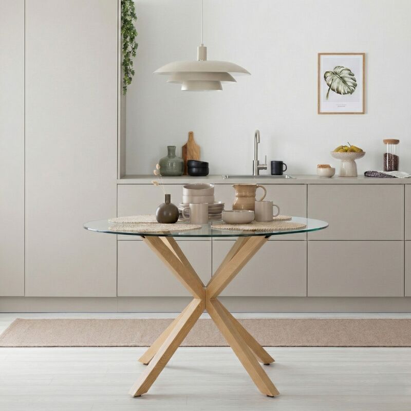 Halen pyöreä ruokapöytä Ø120 cm tammi/ kirkas lasi