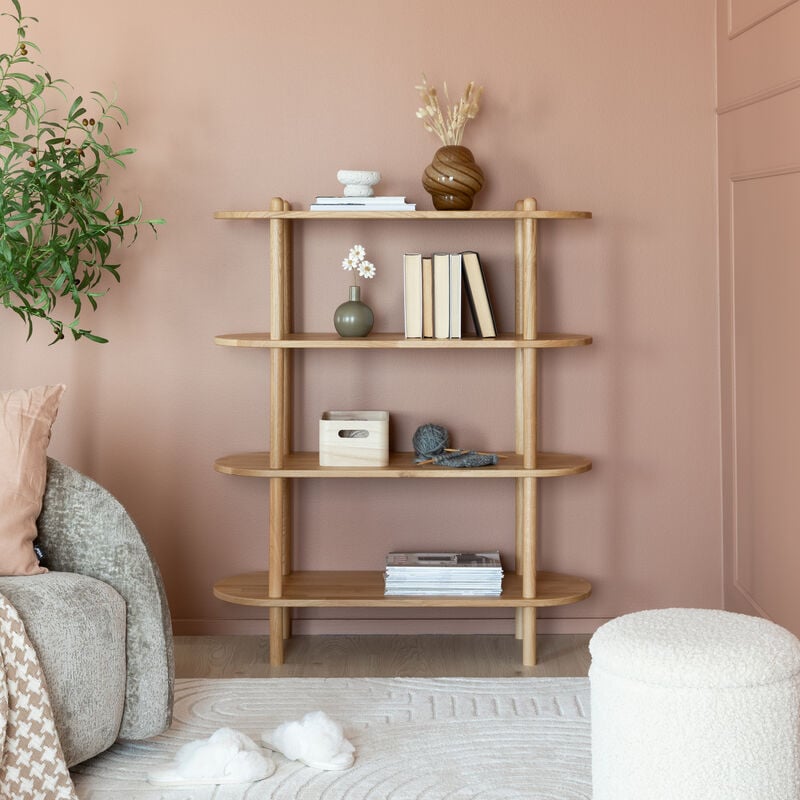 Askel tammi avohylly 100x35x119 cm pyöreällä päädyllä lakattu tammi