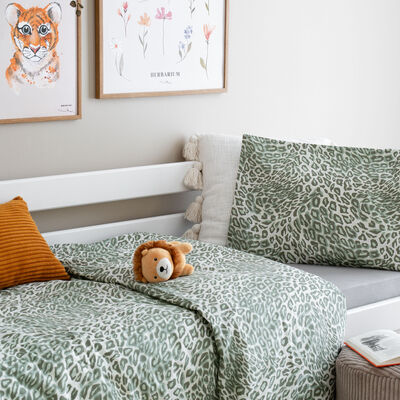 Leopardi lasten pussilakanasetti 120x160 cm + 40x60 cm vihreä