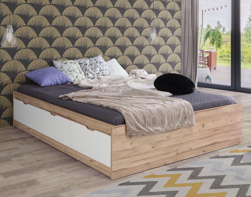 Borg sängynrunko 160x200 cm laatikoilla ilman sälepohjaa tammi/valkoinen