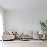 Macho U-kulmasohva vasen Hiekka Soro 21, mustat jalat, asiakaspalautus