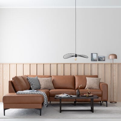 Hjort Studio avokulmasohva mekanismilla oikea konjakki Madras 276 nahka/KN