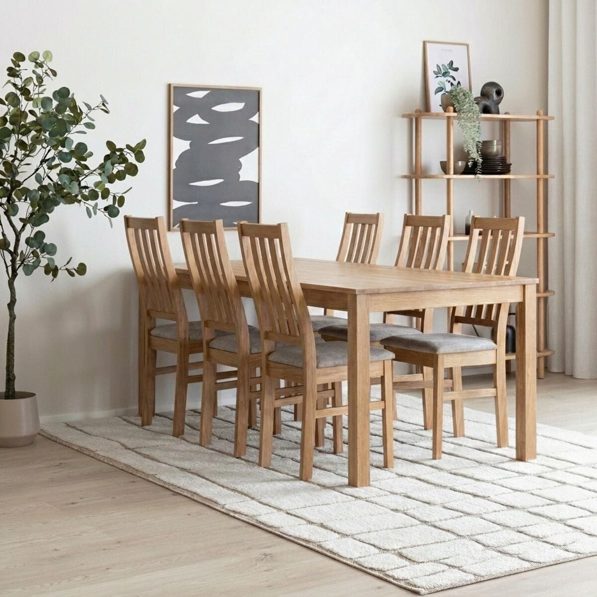 Veke Scandic-Niklas tammi 6-hengen ruokailuryhmä lakattu tammi/beige storm 06