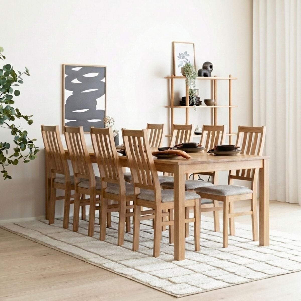 Veke Scandic-Niklas tammi 8-hengen ruokailuryhmä lakattu tammi/beige storm 06 | Alk. 2 587,00 €