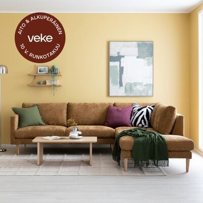 Scandic Copenhagen Wood avokulmasohva vasen keltainen Senso 65, valkovahattu tam