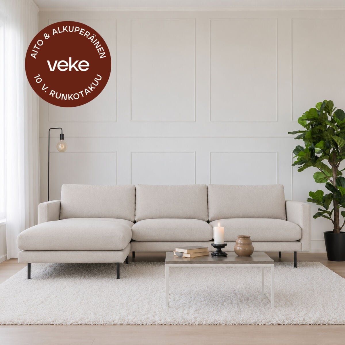 Veke Scandic Copenhagen divaanisohva vasen hiekka Soro 21, mustat jalat, asiakaspalau